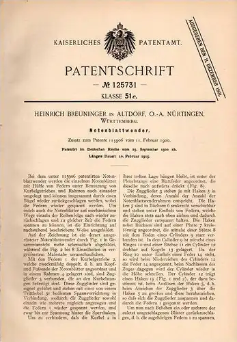 Original Patentschrift - H. Breuninger in Altdorf , O.-A. Nürtingen , 1900 , Notenblattwender , Notenblatt , Musik !!!