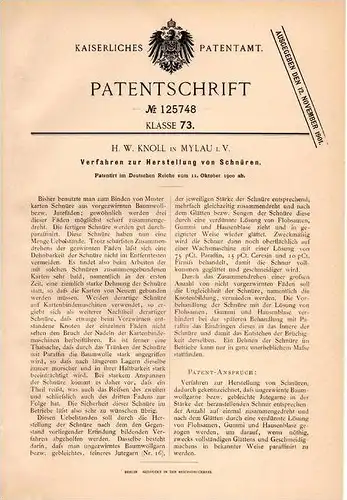 Original Patentschrift - H.W. Knoll in Mylau i.V., 1900 , Herstellung von Schnüren , Schnur , Band !!!