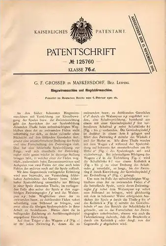 Original Patentschrift - G. Grosser in Markersdorf , Bez. Leipzig , 1901 , Ringzwirnmaschine , Zwirn !!!