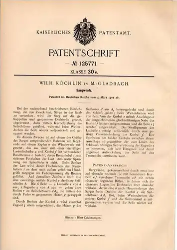 Original Patentschrift - Winde für Sarg , Sargwinde , 1901 , W. Köchlin in M.- Gladbach , Friedhof , Bestatter !!!