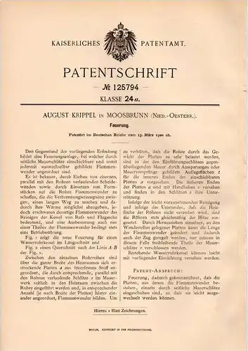 Original Patentschrift - A. Krippel in Moosbrunn , Nied.-Österr., 1900 , Feuerung , Heizung !!!