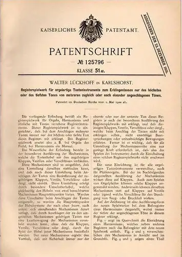 Original Patentschrift - W. Lückhoff in Karlshorst , 1900 , Orgel , Hamonium , Tasteninstrument !!!