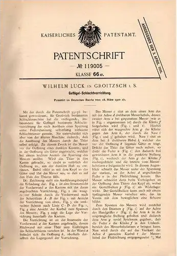 Original Patentschrift - W. Luck in Groitzsch i.S., 1900 , Geflügel - Schlachtapparat , Schlachterei , Schlachthof !!!