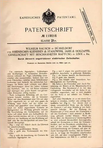 Original Patentschrift - Jahn & Holzapfel in Linn a. Rhein , 1900 , Zeitschaltuhr , Schalter mit Uhrwerk !!!