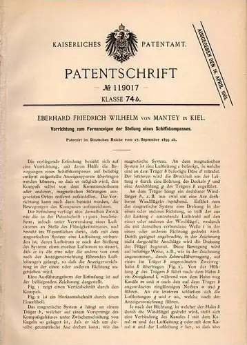 Original Patentschrift - E. von Mantey in Kiel , 1899 , Kompass - Stellungsanzeiger , Kompaß !!!