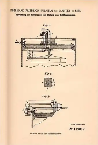 Original Patentschrift - E. von Mantey in Kiel , 1899 , Kompass - Stellungsanzeiger , Kompaß !!!