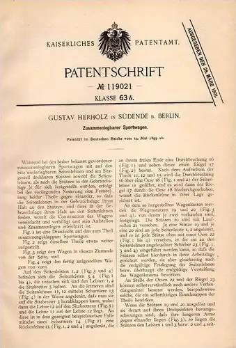 Original Patentschrift - G. Herholz in Südende b. Berlin , 1899 , Sportwagen , Wagen !!!