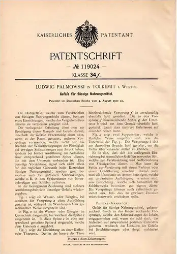 Original Patentschrift - L. Palmowski in Tolkemit i. Westpr., 1900 , Gefäß für Nahrungsmittel , Geschirr !!!