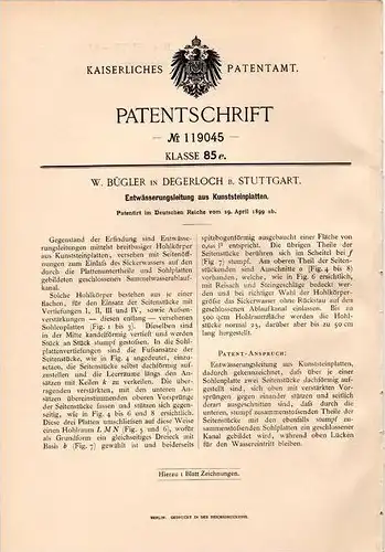Original Patentschrift - W. Bügler in Degerloch b. Stuttgart , 1899 , Entwässerung aus Kunststeinplatten !!!