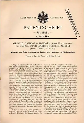 Original Patentschrift - A. Crehore in Hanover , New Hampshire und Fortress Monroe , 1899 , Telegraphie , telegraphy !!!