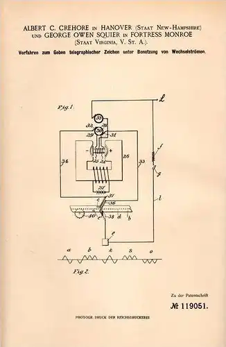 Original Patentschrift - A. Crehore in Hanover , New Hampshire und Fortress Monroe , 1899 , Telegraphie , telegraphy !!!