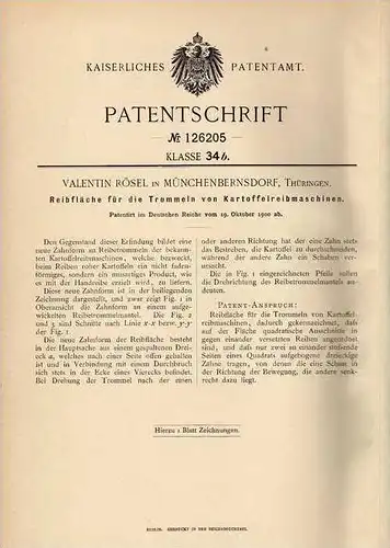 Original Patentschrift - V. Rösel in Münchenbernsdorf m Thür., 1900 , Kartoffelreibemaschine , Kartoffelreibe !!!
