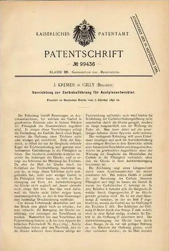 Original Patentschrift - J. Kremer in Gilly , Belgien , 1897 , Acetylen - Entwickler , Carbidzuführung !!!