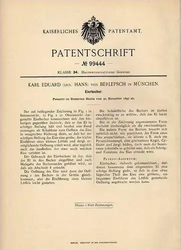 Original Patentschrift - K. von Berlepsch in München , 1897 , Eierbecher , Ei , Eier !!!