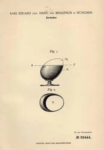 Original Patentschrift - K. von Berlepsch in München , 1897 , Eierbecher , Ei , Eier !!!