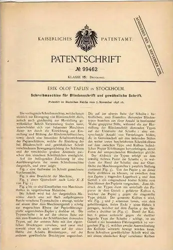 Original Patentschrift - Schreibmaschine mit Blindenschrift , 1896 , E. Taflin in Stockholm , Blind , Blindheit !!!