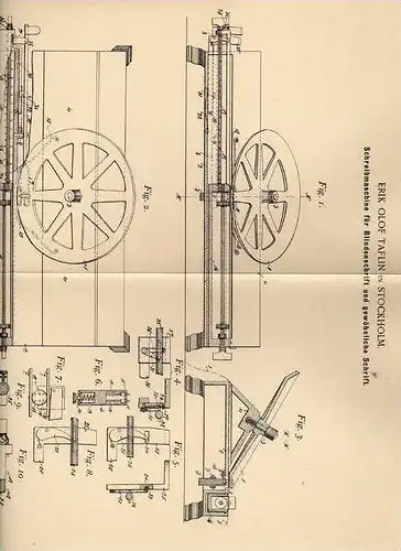 Original Patentschrift - Schreibmaschine mit Blindenschrift , 1896 , E. Taflin in Stockholm , Blind , Blindheit !!!