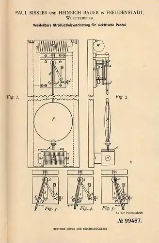 Original Patentschrift - P. Risser in Freudenstadt , Württ. , 1897 , elektrische Pendel !!!