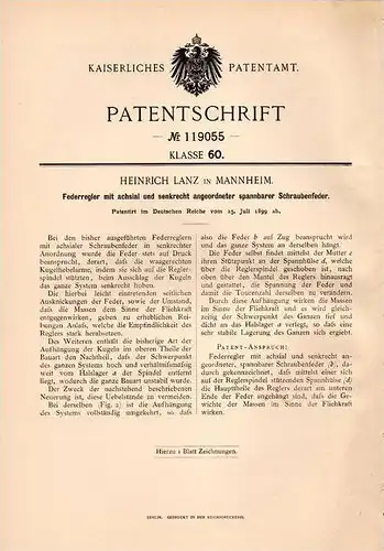 Original Patentschrift - Heinrich Lanz in Mannheim , 1899 , Federregler mit Schraubenfeder , Federung !!!