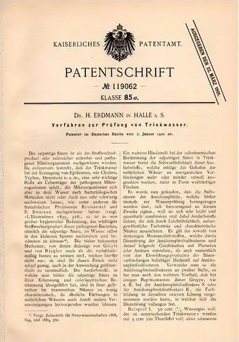 Original Patentschrift - Dr. Erdmann in Halle a.S., 1900 , Prüfung von Trinkwasser , Wasser !!!