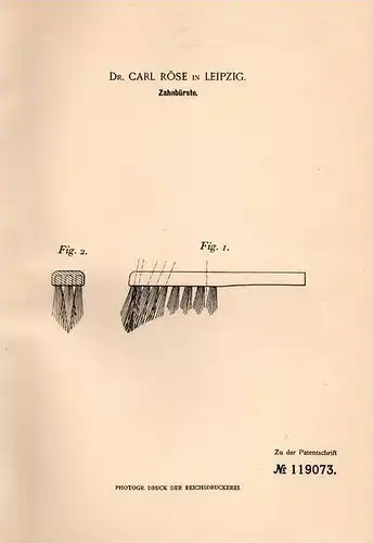 Original Patentschrift - Zahnbürste , 1898 , Dr. Carl Röse , Zahnarzt , Zahn , Zähne !!!