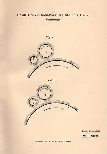 Original Patentschrift - C. Sig in Ranspach - Wesserling i. Elsass , 1900 , Walzenkrempel , Spinnerei !!!