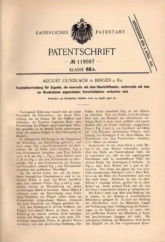 Original Patentschrift - A. Gundlach in Bingen a. Rh., 1900 , Zugseil für Fenster !!!