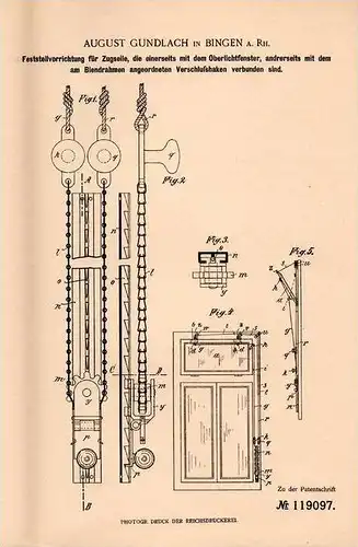 Original Patentschrift - A. Gundlach in Bingen a. Rh., 1900 , Zugseil für Fenster !!!