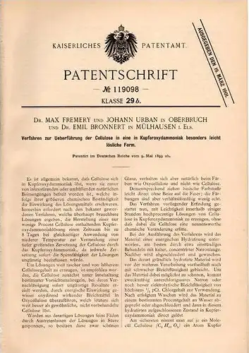 Original Patentschrift - Dr. M. Fremery in Oberbruch und Dr. Bronnert in Mülhausen i.E., 1899 , Cellulose , Chemie !!!