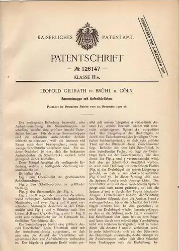 Original Patentschrift - L. Gillrath in Brühl b. Cöln , 1900 , Sammelmappe mit Drähten , Leitz , Herlitz !!!