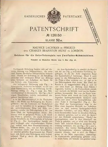 Original Patentschrift - M. Lachman in Pimlico und London , 1899 , Zweifaden - Nähmaschine , Näherei !!!