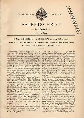 Original Patentschrift - I. Friedinger in Oberthal b. Linz , 1900 , Öffner und Schließer für Türen , Tür !!!