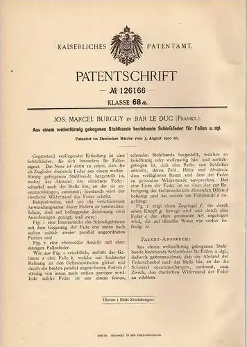 Original Patentschrift - J. Burguy in Bar le Duc , 1900 , Falle , Feder für Fallen !!!