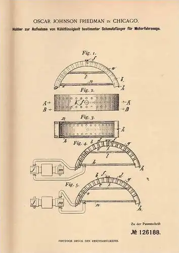 Original Patentschrift - Schmutzfänger als Kühler , Kotflügel , Automobile , 1900 , O. Friedmann in Chicago !!!