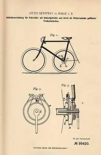 Original Patentschrift - O. Seyffert in Halle a.S., 1897 , Antrieb für Fahrräder mit Umlaufgetriebe , Fahrrad !!!