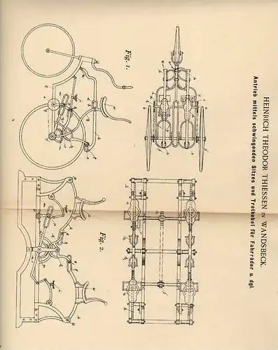 Original Patentschrift - H. Thiessen in Wandsbeck , 1898 , Fahrrad mit Schwingsattelantrieb und Trethebel , Fahrräder !!