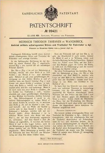 Original Patentschrift - H. Thiessen in Wandsbeck , 1898 , Fahrrad mit Schwingsattelantrieb und Trethebel , Fahrräder !!