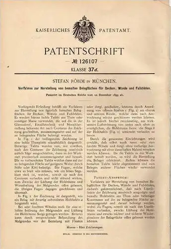 Original Patentschrift - Malerei für Decken , Wände und Fußboden , 1899 , S. Röhm in München , Maler !!!