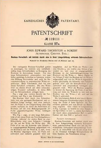 Original Patentschrift - J. Thornton in Rokeby , Chester , 1900 , Roleau - Verschluss mit Antrieb !!!