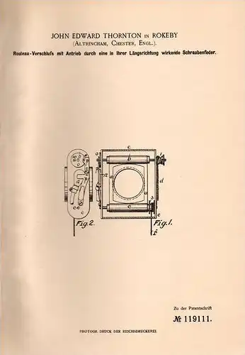 Original Patentschrift - J. Thornton in Rokeby , Chester , 1900 , Roleau - Verschluss mit Antrieb !!!