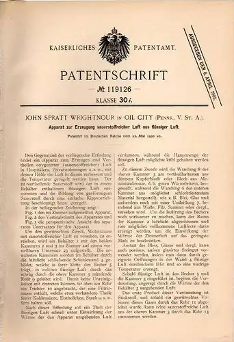 Original Patentschrift - J.Wrightnour in Oil City , USA , 1900 , Apparat zur Erzeugung von sauerstoffreicher Luft !!!