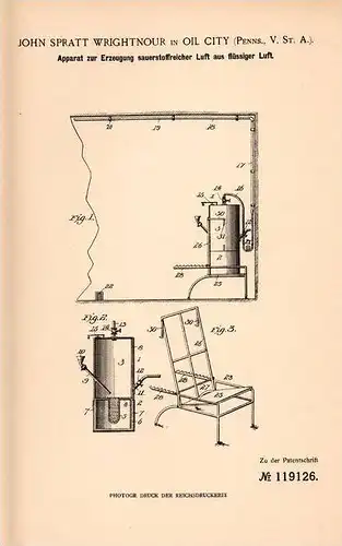 Original Patentschrift - J.Wrightnour in Oil City , USA , 1900 , Apparat zur Erzeugung von sauerstoffreicher Luft !!!