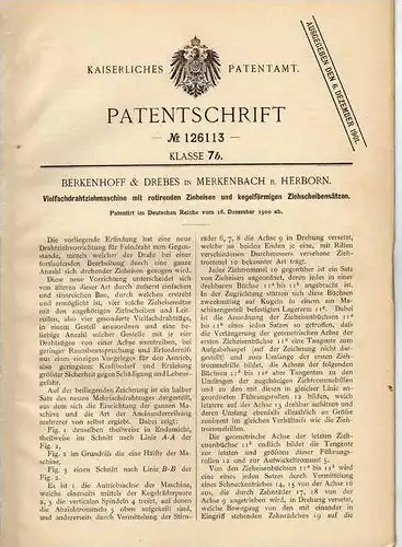Original Patentschrift - Berkenhoff & Drebes in Merkenbach b. Herborn , 1900 , Drahtziehmaschine !!!