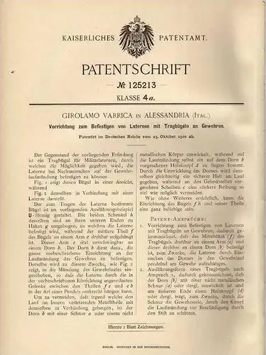 Original Patentschrift - G. Varrica in Alessandria , 1900 , Laternen an Gewehren , Gewehr - Lampe !!!