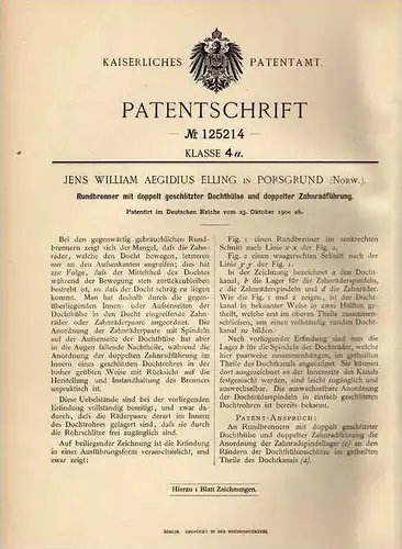 Original Patentschrift - J. Elling in Porsgrund , Norwegen , 1900 , Rundbrenner mit Dochthülse !!!