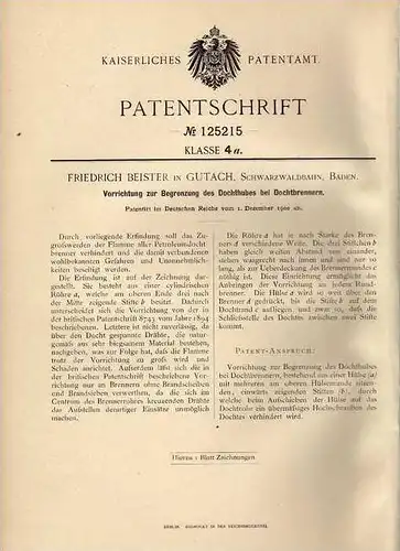 Original Patentschrift - F. Beister in Gutach , Schwarzwald , Baden , 1900 , Dochtbrenner , Petroleum - Brenner !!!
