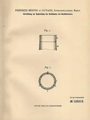 Original Patentschrift - F. Beister in Gutach , Schwarzwald , Baden , 1900 , Dochtbrenner , Petroleum - Brenner !!!