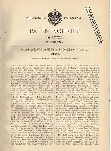 Original Patentschrift - Tintenfaß , Tinte , 1900 , F. Ashley in Brooklyn , USA , Tintenfass !!!