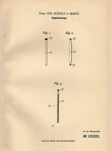 Original Patentschrift - Lackstange für Siegel , 1901 , Fa. J. Scholz in Mainz !!!