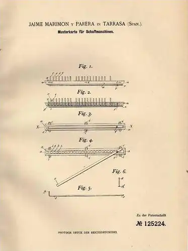 Original Patentschrift - J. Parera in Tarrasa , 1901 , Musterkarte für Schaftmaschinen !!